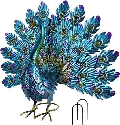 YEAHOME Garden Decor Outdoor Statues, 22.4" Large Metal Peacock Standing Yard Art, Blue Green Bird Lawn Sculptures Garden Decor for Outside Patio Porch Backyard