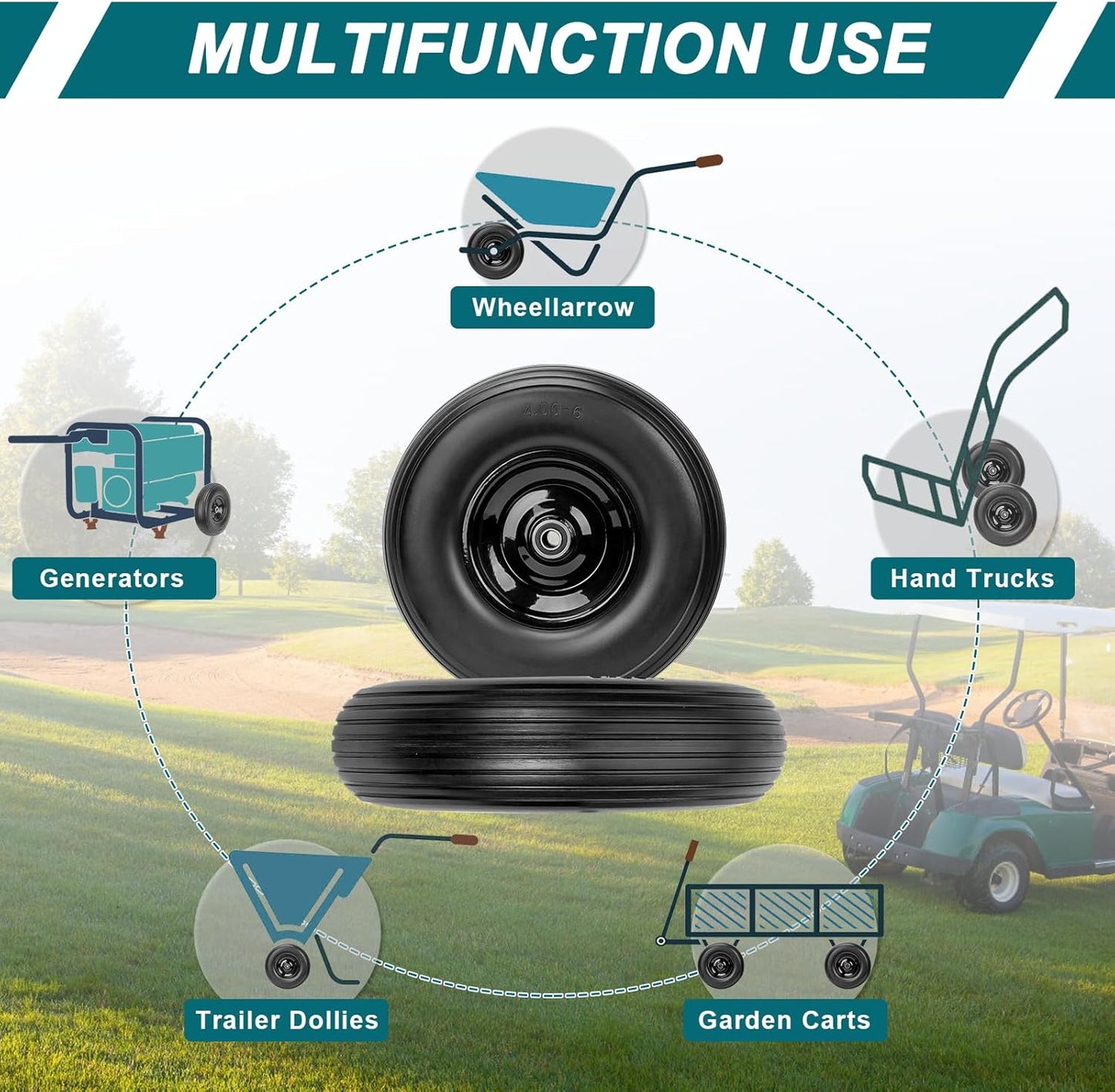 4.00-6 Flat-Free Solid Tire and Wheel 13" Wheelbarrow Tire by Cenipar With 3/4" & 5/8" Grease Bushing and 1.75" Centered Hub 4.00-6 tire and wheel for Garden Cart Trolley Hand Truck, 2 PC