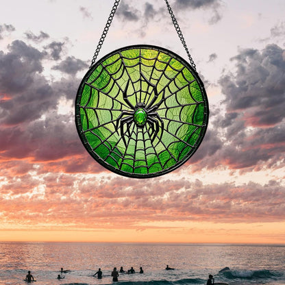 Stained Glass Window Hanging - Black Green Horror Spider Web Suncatcher for Doors Garden Patio Sun Catchers Decor Christmas Halloween Birthday Gifts for Women Men Mom Nana Friend 11.8 in