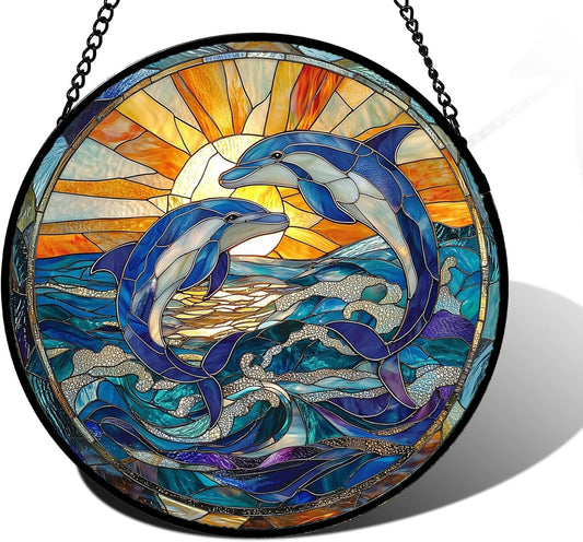 Stained Glass Window Hanging, Blue Dolphin Sun Catchers Colorful Glass Panel Sunrise Sea View