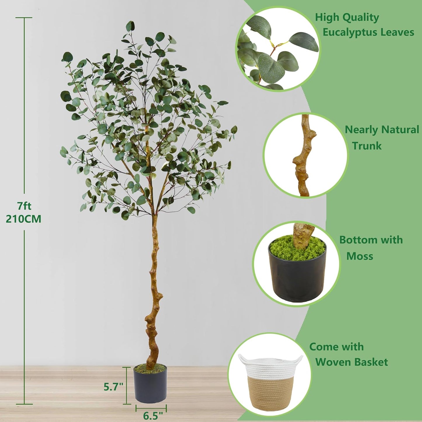 Artificial Eucalyptus Tree, 7ft Tall Fake Eucalyptus Plant with Basket, Green Silver Dollars Silk Leaves Large Faux Tree for Home Office Livingroom Floor Decor Indoor