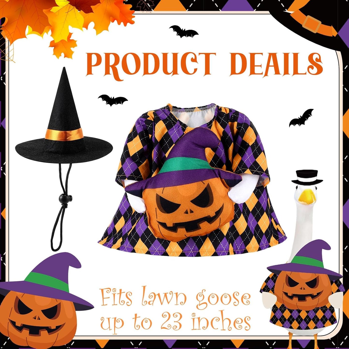 Sanwuta 1 Set Halloween Porch Goose Outfit Pumpkin Pillow Design with Witch Hat for 23" Lawn Cement Goose Porch Geese Clothes Costume for Halloween Garden Patio Yard Outdoor Decorations