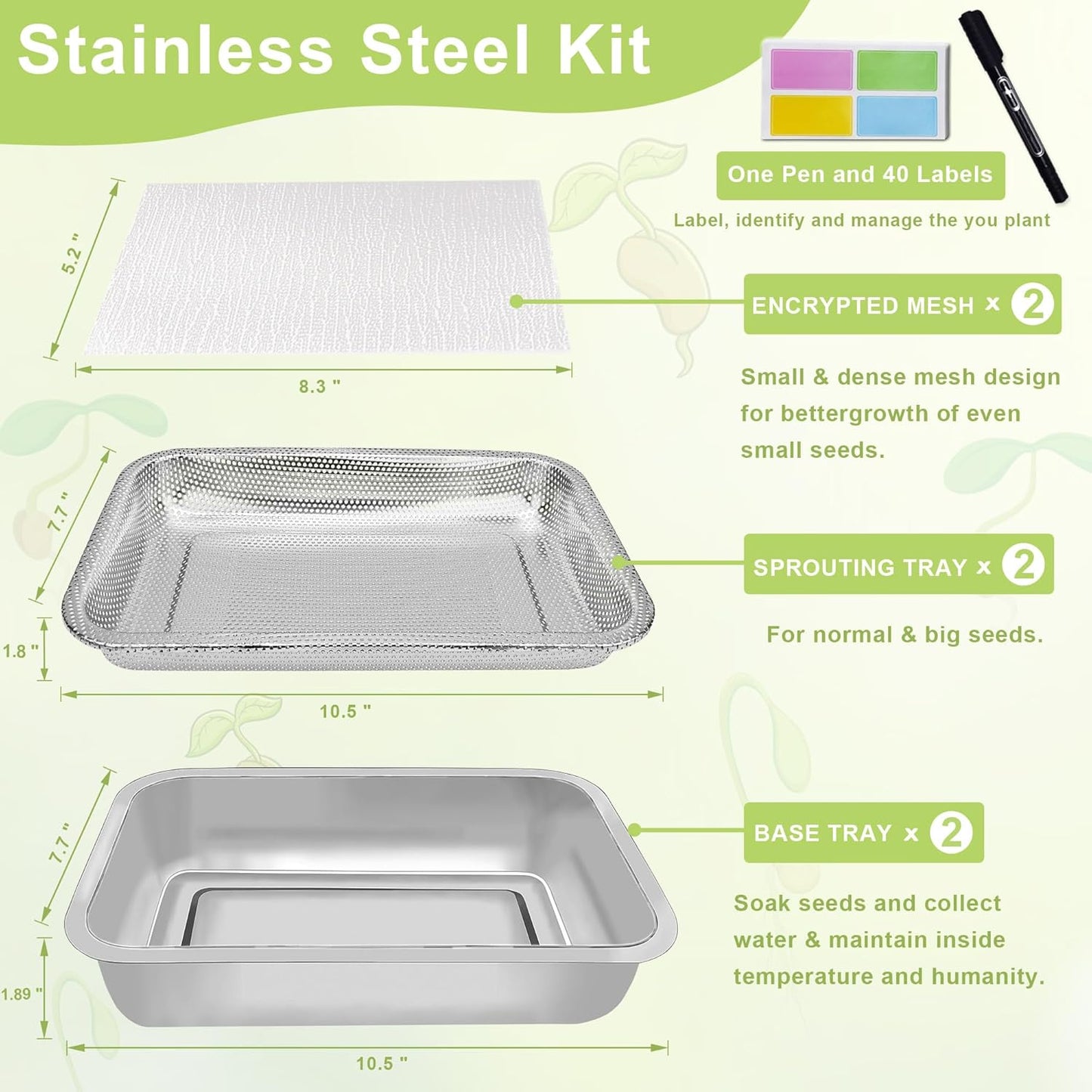 Stainless Steel Sprouts Growing Kit 2-Tier 10.4 inch Trays, Microgreens Growing Kit, Seed Sprouting Tray with Encrypted Mesh Sprouts for Beans Alfalfa Broccoli Wheat Grass