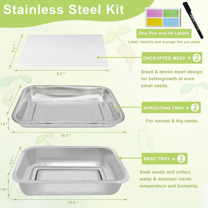 Stainless Steel Sprouts Growing Kit 2-Tier 10.4 inch Trays, Microgreens Growing Kit, Seed Sprouting Tray with Encrypted Mesh Sprouts for Beans Alfalfa Broccoli Wheat Grass