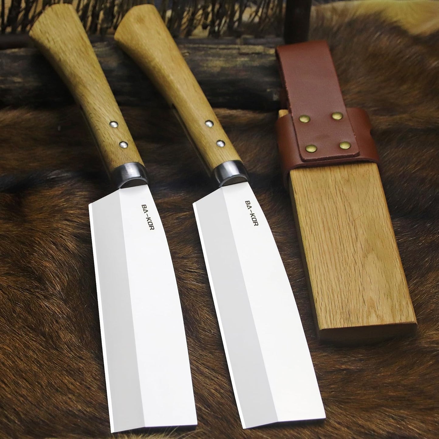 BA-KOR (Pioneer ) (15") DC53 steel 6mm thickened full Tang fixed knife+ Wooden sheath &(5.9IN) Cerium Igniter, suitable for outdoor hunting, cutting, chopping, camping, obstacle removal, exploration, fishing, EDC, BBQ (Mirror Light Edition)
