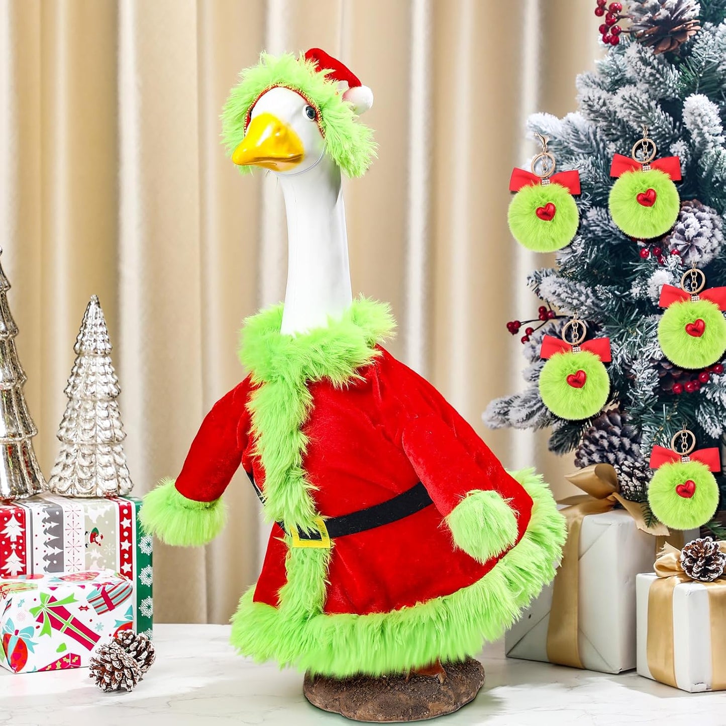 Christmas Porch Goose Outfit for 23" High Cement or Plastic Green Santa Claus Costume Lawn Christmas Goose Outfit for Yard Lawn Outdoor Garden Patio Xmas Holiday Decor
