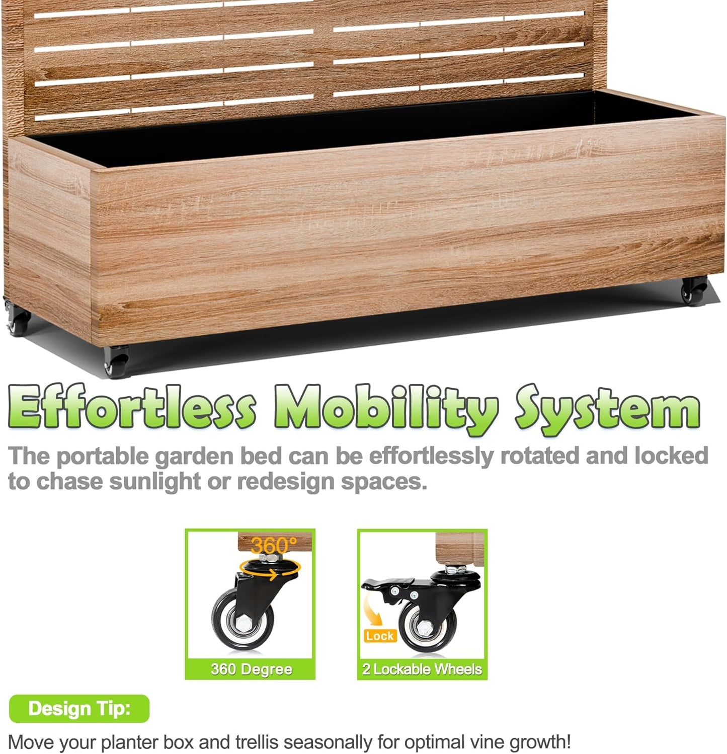15.7"×70.9"×47.2" Metal Raised Garden Bed with Trellis and Wheels - Tall Trellis Planter Box for Climbing Plants, Vegetables & Vines - Outdoor Privacy Planters for Patio (Cut Oak Grain)