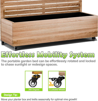 15.7"×70.9"×47.2" Metal Raised Garden Bed with Trellis and Wheels - Tall Trellis Planter Box for Climbing Plants, Vegetables & Vines - Outdoor Privacy Planters for Patio (Cut Oak Grain)
