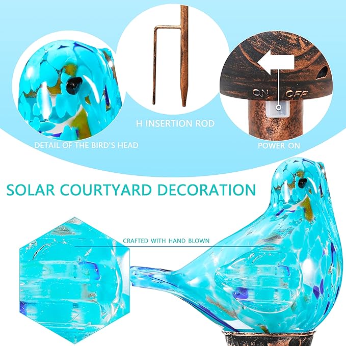 Solar Bird Garden Stake Lights - Hand Blown Glass Decorative Garden Pathway Lights Outdoor Waterproof Bird Glass Stakes (Light Blue)