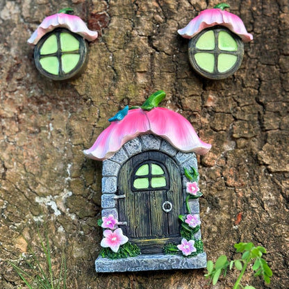 Fairy Garden Door and Windows for Trees,Resin Fairy House Kit,Glowing in The Dark,Miniature Accessories for Tree Stump, Outdoor Yard, Lawn, and Garden Decor.