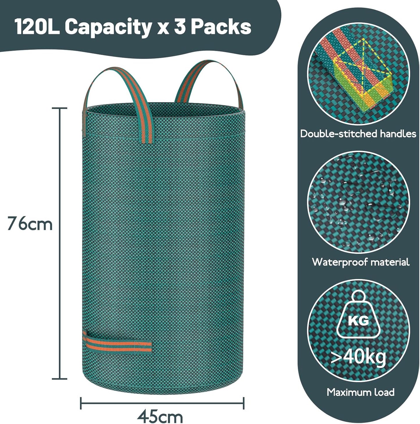 Mokani Reusable Yard Waste Bags, 32 Gallon Lawn and Leaf Bags 3 Packs, Heavy Duty Garden Bags with Reinforced Handles, Camping Yard Recycling Leaf Bag for Leaves