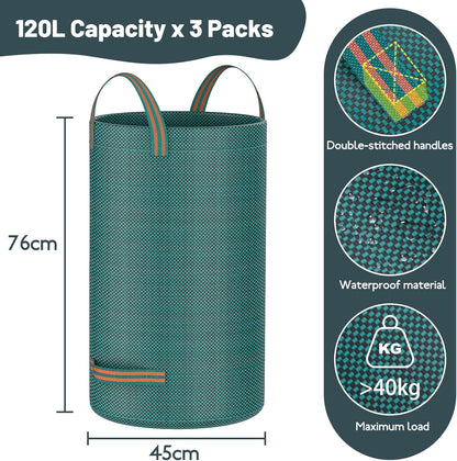 Mokani Reusable Yard Waste Bags, 32 Gallon Lawn and Leaf Bags 3 Packs, Heavy Duty Garden Bags with Reinforced Handles, Camping Yard Recycling Leaf Bag for Leaves