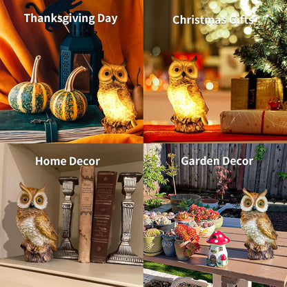 Solar Owl Garden Statues Outdoor Decor Resin Owl Figurine with LED Lights Owl Sculpture for Porch Patio Lawn Yard Decorations Halloween Christmas Housewarming Gifts for Women Mom,Brown Owl
