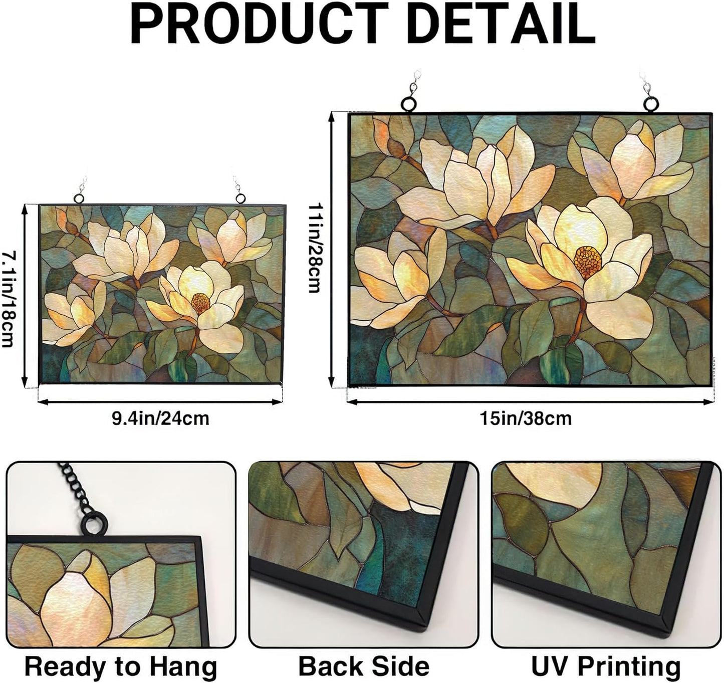 Rectangle Art Nouveau Twilight Magnolia Stained Glass Window Hanging, 15" W X 11" H Stained Glass Panel with Chain, Suncatchers for Windows Hanging Decorations, Gifts for Mom, Grandma
