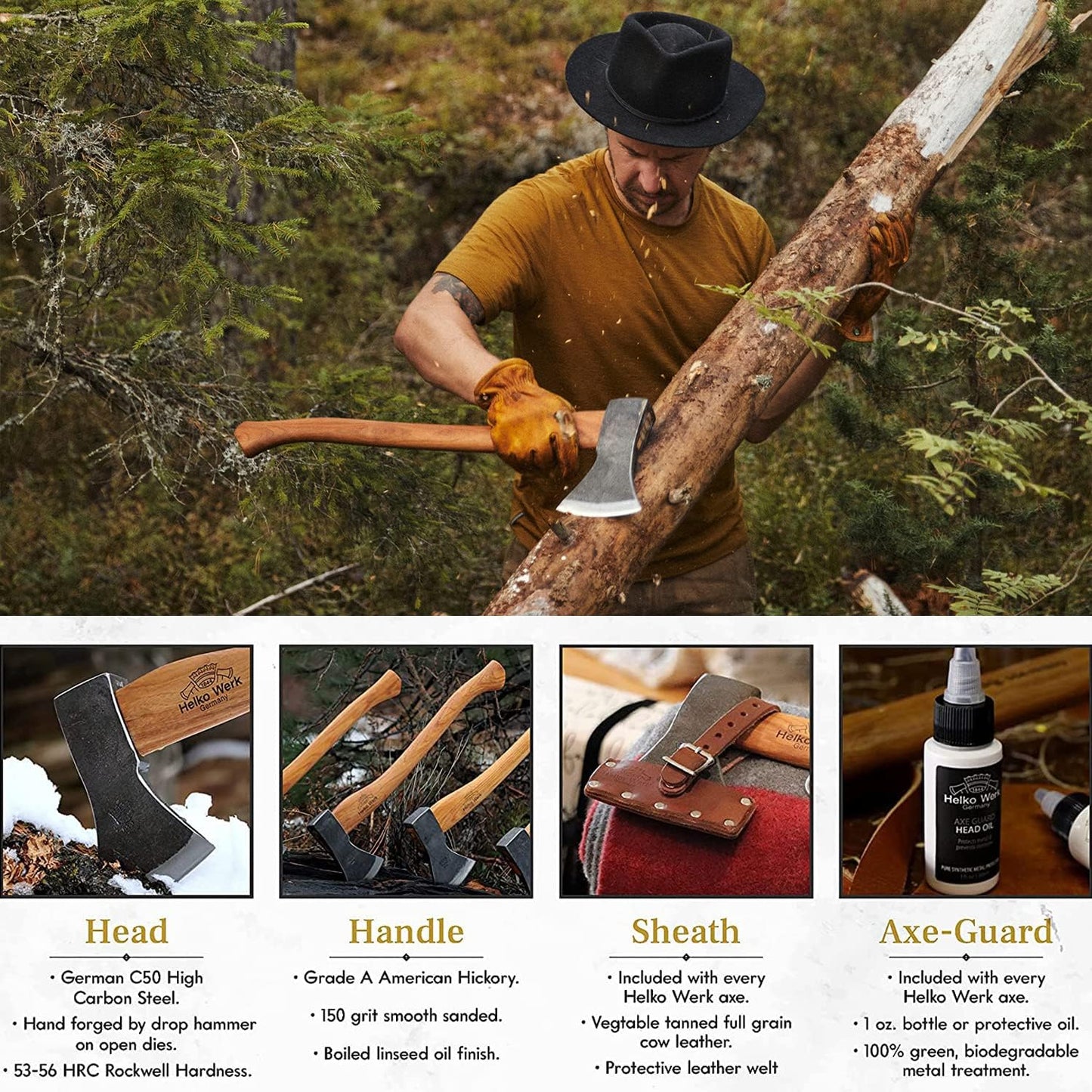 1844 Helko Werk Germany Traditional Black Forest Woodworker Axe - Made in Germany Hand Forged Bushcraft Axe and Forest Axe for Cutting Head 2.25 lbs, Handle 24 in. (Black Forest Wood Worker) #13562