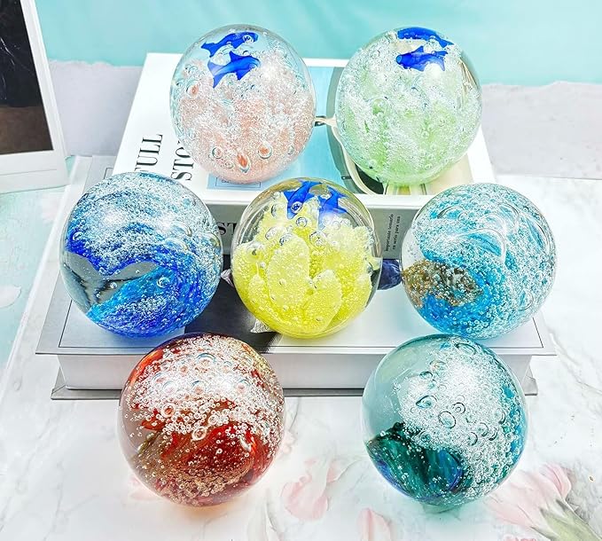 Decorative Crystal Ball Figurines Ocean Waves Paperweight Blown Glass Decor Sea Art Ocean Lovers Gift Blue 3.15"