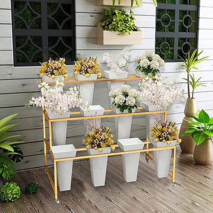 Flower Display Stand With 12PCS Buckets, 3 Layers Metal Plant Stand with Wheels, Heavy Duty Moving Plant Cart Shelf, for Indoor, Outdoor Patio Garden, Living Room, Florist (White - Square Bucket)