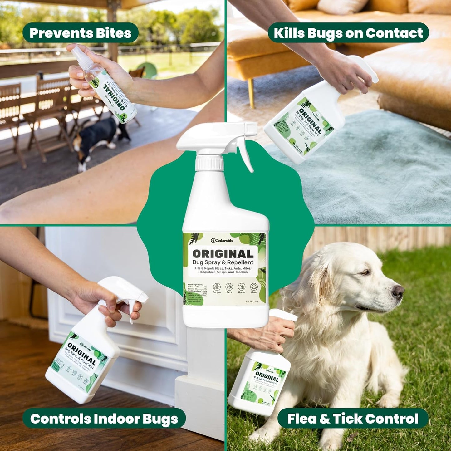 Cedarcide Original: Eco-Friendly Bug Spray - Repel & Kill Fleas, Ticks, Mosquitoes, Mites, Ants & Chiggers - for use on People, Pets & Home - Natural Cedar Oil - Pint