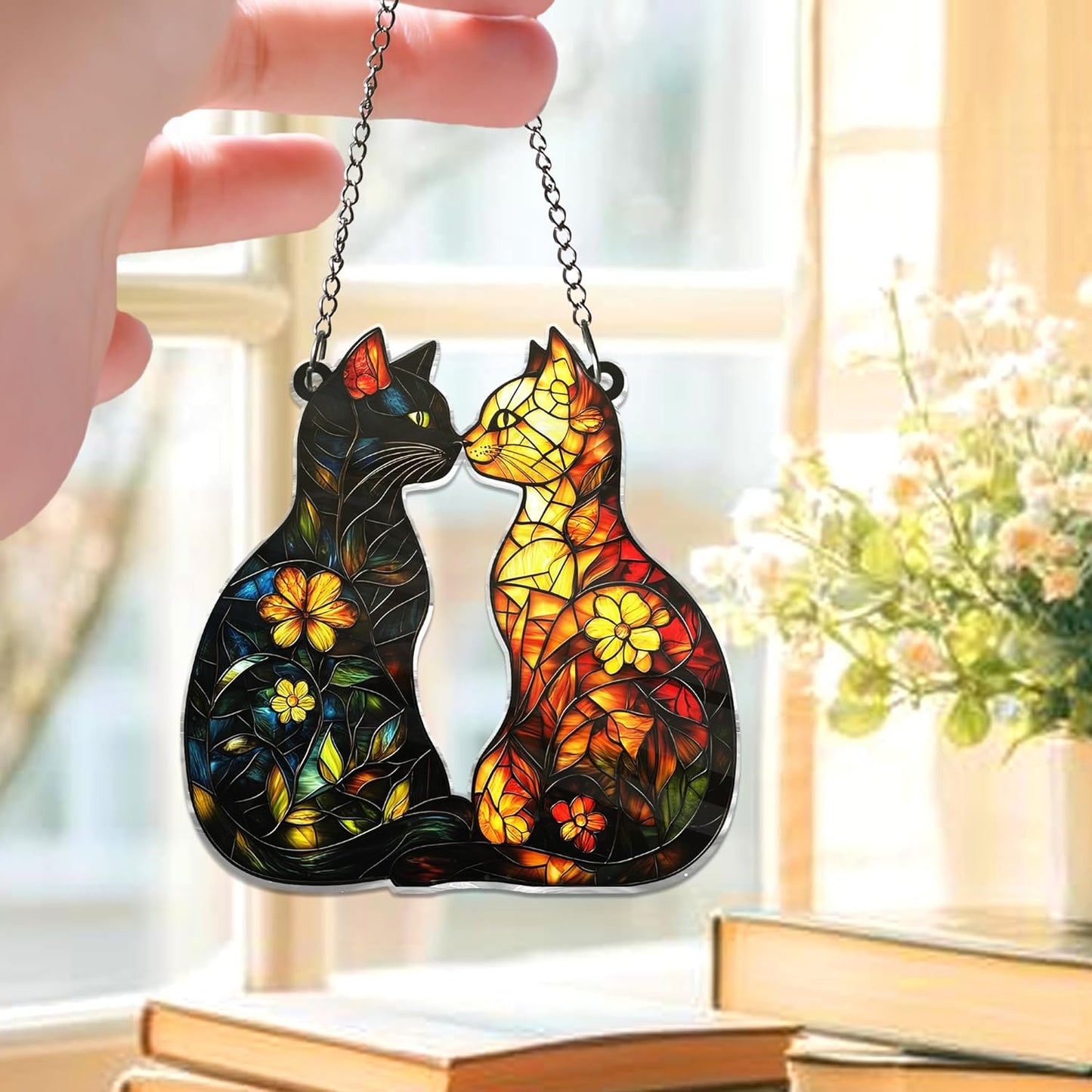 Cat Suncatcher – Acrylic Window Hanging of Two Cats in Love, Romantic Floral Cats Decor, Gift for Cat Lovers, Mom, Couple, Anniversary, Black Orange Cat's, Home Decoration (Sun-31)