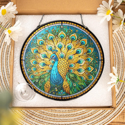 Peacock Stained Glass Suncatchers Wall Art Decor Exotic Birds Sun Catcher Nature Themed Window Garden for Animal Peacock Lovers Women Grandma Mom Painted Glass Panel Patio Décor