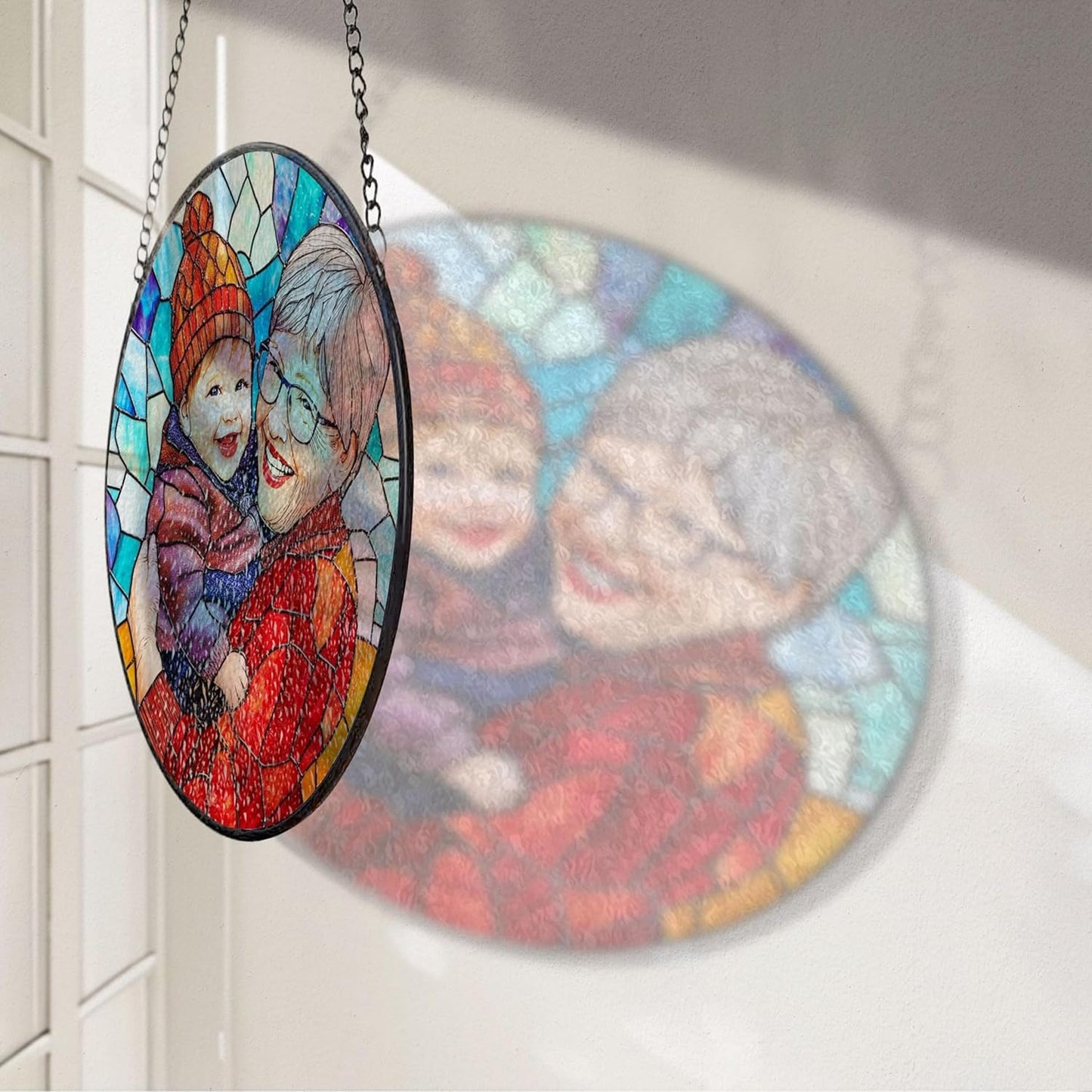 LOVELYPOD Custom Grandma and Grandkids Faux Stained Glass Sun Catcher, Personalized Family Portrait Window Hanging, Gifts for Grandma, Mom Photo Gifts, Custom