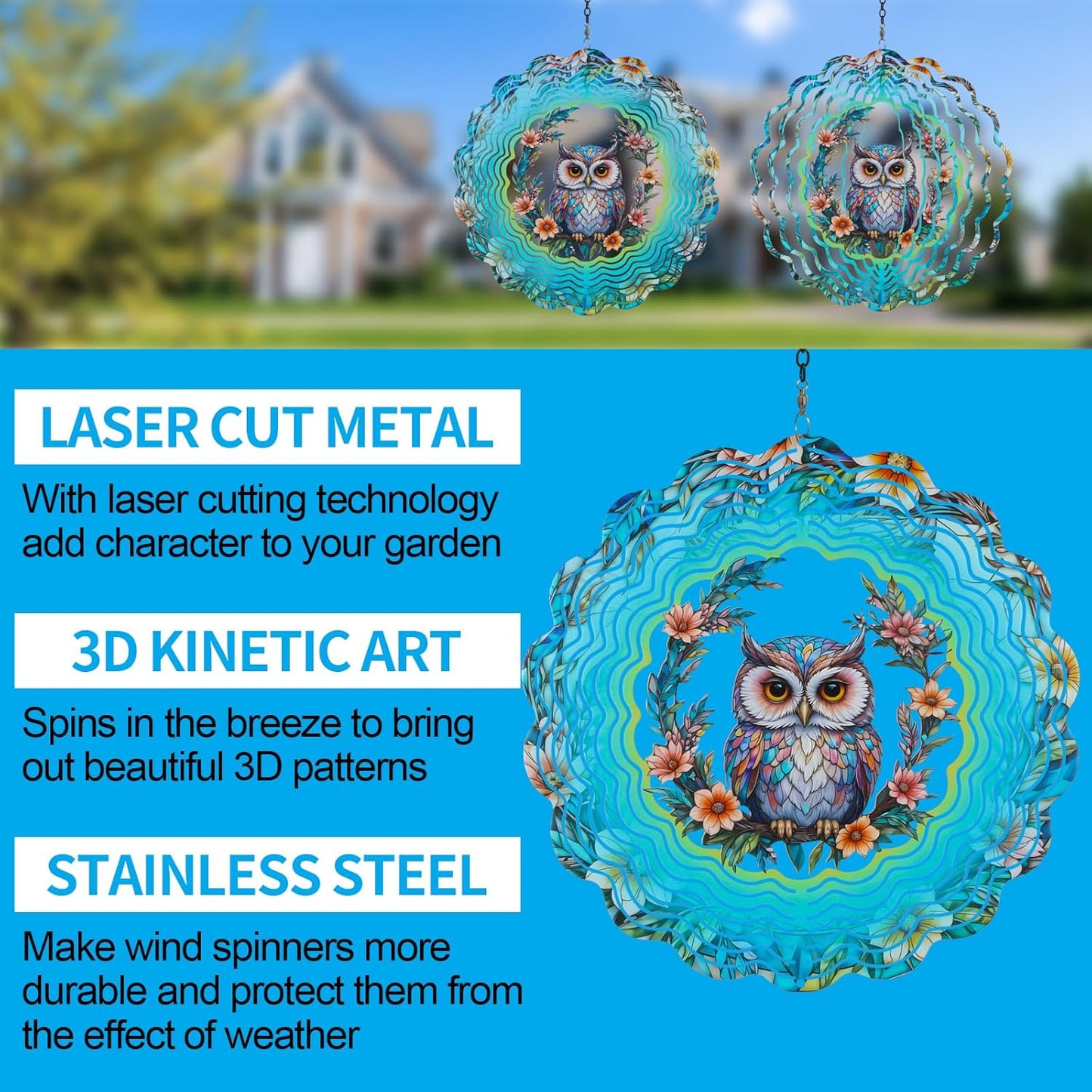 Metal Wind Spinners for Outdoor,Birthday Gifts for Women Mom Grandma, 12 Inch Owl Wind Spinner Bird Devices Deterrent to Scare Birds Away from Yard Patio Farm, Kinetic Sculpture Garden Decor