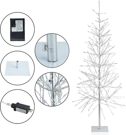 Alpine Corporation 65" H Indoor/Outdoor Pre-Lit Silver Foil Christmas Tree with Yard Stake and 360 LED Lights, Christmas Decoration