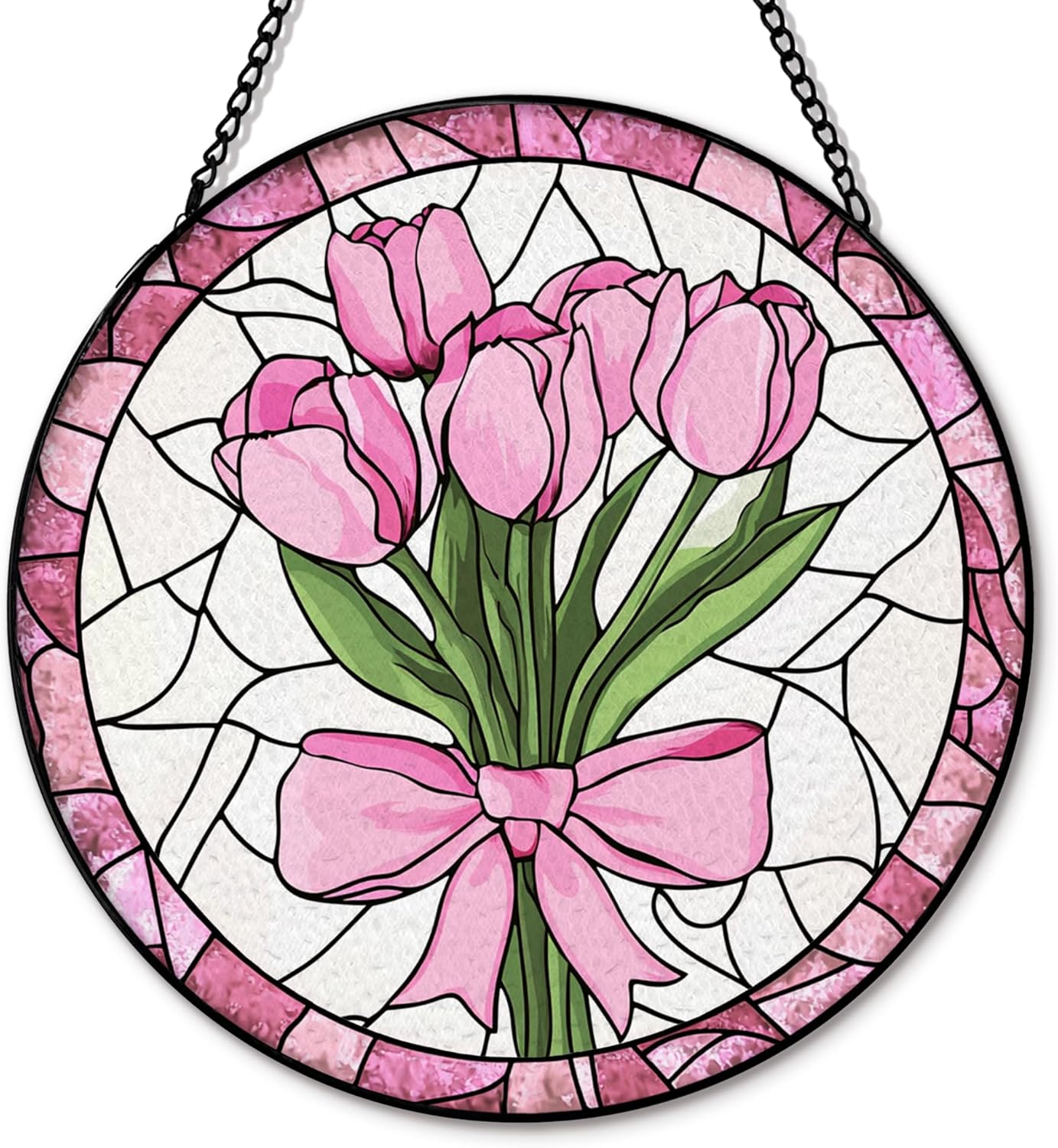 Coquette Pink Bow Tulip Flower Suncatcher Stained Glass Garden Window Hanging, Pink Tulip Flower Sun Catchers Indoor Window Glass Round Wall Decor, Floral Wall Art Hanging Decorations, ＂7.8x7.8＂