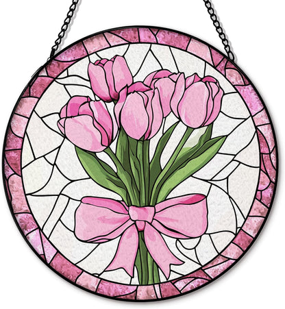 Coquette Pink Bow Tulip Flower Suncatcher Stained Glass Garden Window Hanging, Pink Tulip Flower Sun Catchers Indoor Window Glass Round Wall Decor, Floral Wall Art Hanging Decorations, ＂7.8x7.8＂