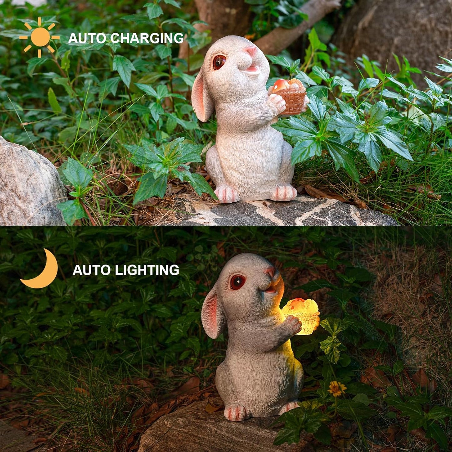 Solar Rabbit Garden Statues Outdoor Bunny Decor Resin Bunny Figurine Holding Mushroom with LED Lights for Porch Patio Lawn Yard Christmas Housewarming Gardening Gifts for Mom Grandma