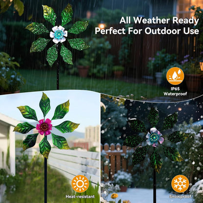 Solar Glow Garden Wind Spinner Outdoor, 13" W Flower Metal Wind Spinner & Sculptures with Fluorescent Coating, Kinetic Windmill for Yard Lawn Patio Decor
