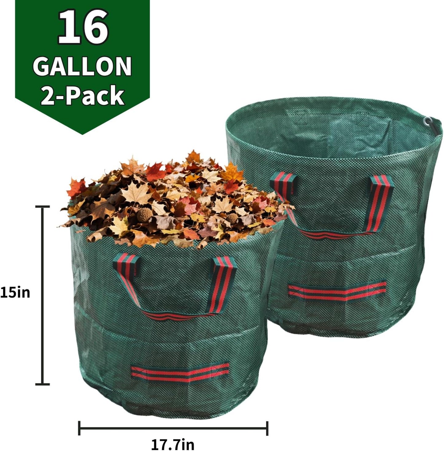 Yard Waste Bags 2 Pack 16 Gallon/72 Gallon Reusable Heavy Duty Leaf & Lawn Bags with 2 Handles for Leaves Grass Garden Debris (2x16 Gallons)