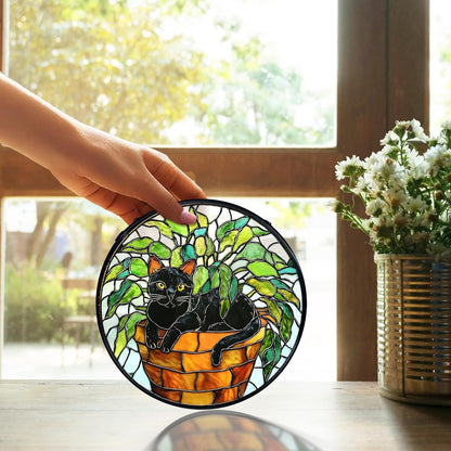 TNUW Black Cat Plant Stained Glass Window Hanging, Black Cat Botanical Sun Catchers Indoor Window Glass Round Wall Art Decor, Wall Hanging Decorations, 7.9＂x7.9＂