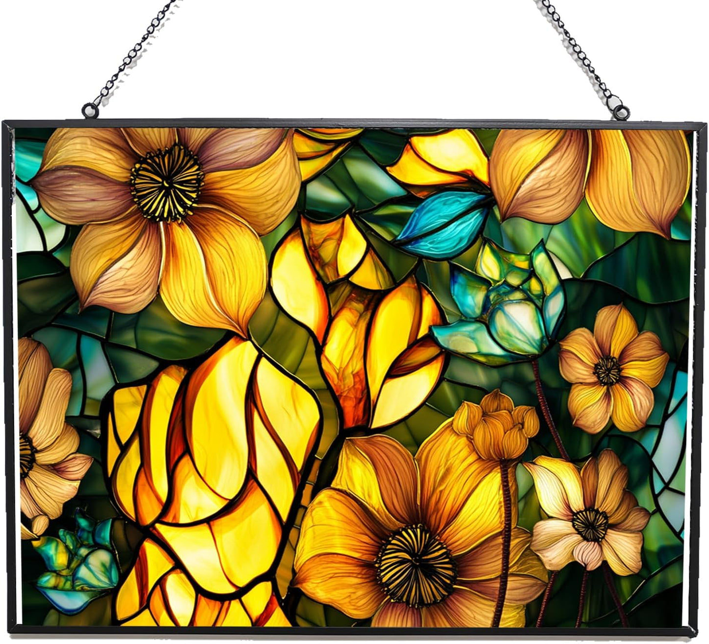 Rectangle Sun Lotus Stained Glass Suncatcher Window Hangings, Suncatchers Colorful Glass Panel Sun Catchers Gifts, Decoration for Home Garden Christmas Party Wedding