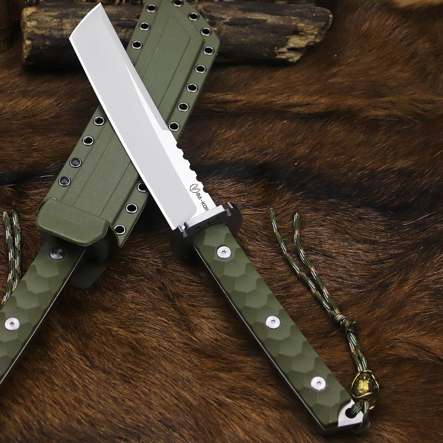 BA-KOR 15.8in Full Tang Japanese Style Outdoor Knife –8mm DC53 Steel, Nylon Fiber Handle &Sheath, Hunting Survival Knife+(5.9in) cerium igniter (Green-handled white blade (8mm))