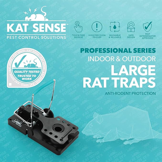 Kat Sense Large Rat Snap Traps Set of 6 - Stainless Steel Bar Design, Humane Rat Trap Indoor & Outdoor Use, Mouse Catcher for Repeat Use, High Precision Triggering, Traps for Rats, Mice, Chipmunks