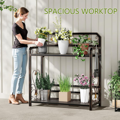 Potting Bench, Outdoor Potting Table with 4 Side Hooks, All-Weather Gardening Table Work Station, Outside Garden Workbench, 505lbs Capacity, 18" D x 39" W x 44" H, Distressed Vintage Black