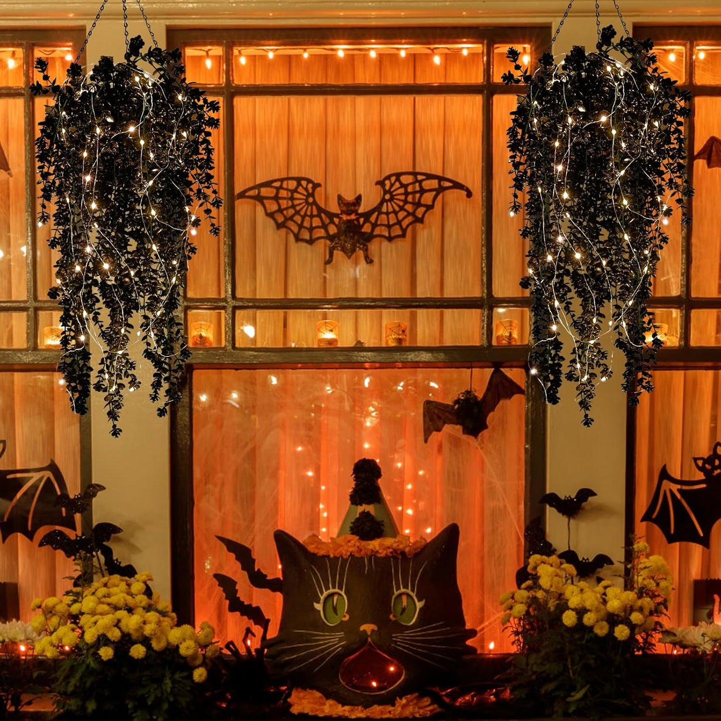 Black Hanging Flowers with Lights Faux Hanging Plants Black Artificial Hanging Plant Fake Greenery Faux Hanging Vines Plant for Indoor Outdoor Wedding Halloween Party Fall Wall Room Door Decor(Black)