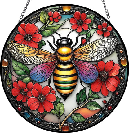 Bee Suncatchers for Windows Hanging - 8 inches Stained Glass Sun Catchers Indoor Window, Suncatcher Stain Glass Window Hanging for Home Decor, Gifts for Holiday Wall Art