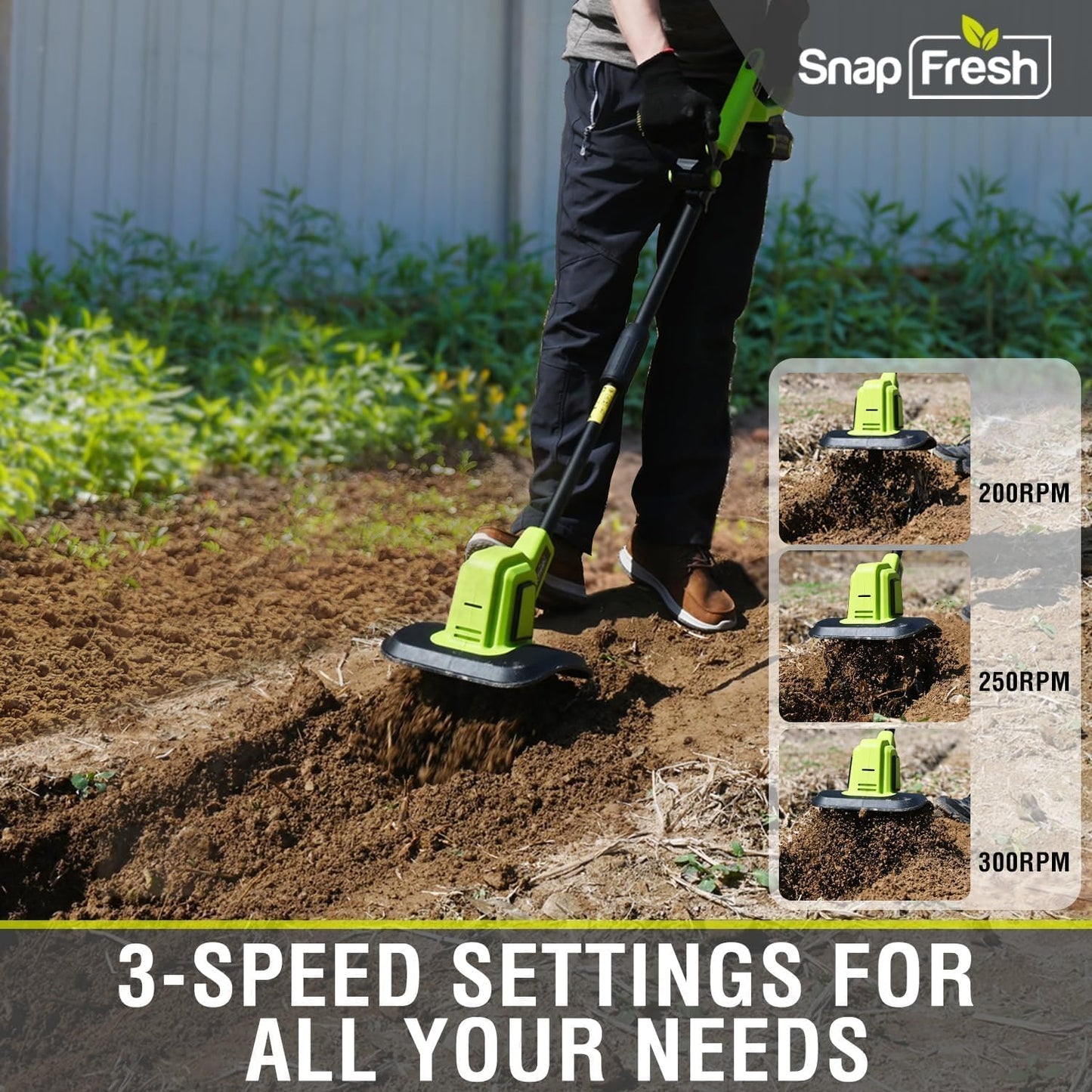 SnapFresh Cordless Tiller Cultivator, 20V Electric Garden Tiller with 4.0AH Battery and Fast Charger, 300 PRM Battery Powered Rototiller, 9" Width 6.6" Depth, 3 Speed Handheld Tiller with Steel Tines
