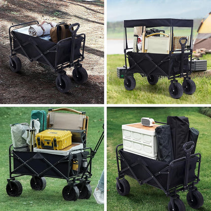 Nice C Heavy Duty Wagon, Collapsible Wagon with Canopy, Black, Steel, 4 Wheels, 33 x 22.4 x 7.6 inches