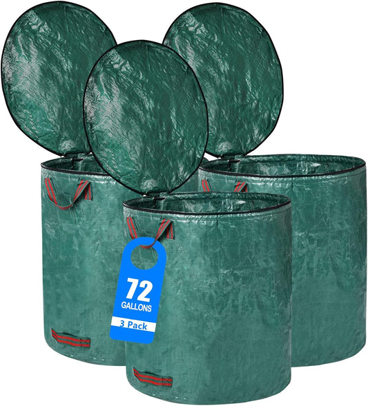 3 Pack 72 Gallons Reusable Yard Waste Bags with Lid Extra Large Lawn Leaf Bags Heavy Duty with 4