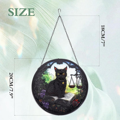 Black Cat Handmade Stained Glass Window Hanging Suncatcher with Chain - 7.9" Outdoor/Indoor Art Decor for Home Garden, Wedding, Mother's, Valentine's & Christmas Ornaments Present