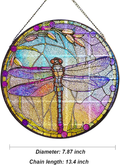 Generic Dragonfly Stained Glass Suncatcher Artistic Window Hanging,7.8” Hand-Painted Glass Panel Wall Home Decor,Gift for Women Garden Decor Suncatcher (Dragonfly), BL009