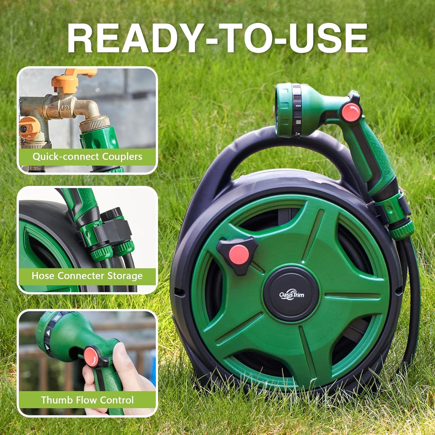 1/2" x 50FT Retractable Garden Hose Reel，With 10 Patterns Spray Nozzle，Portable Heavy Duty Garden Hose Holder for Garden Watering，Car & Patio Washing，Pet Cleaning（Green）