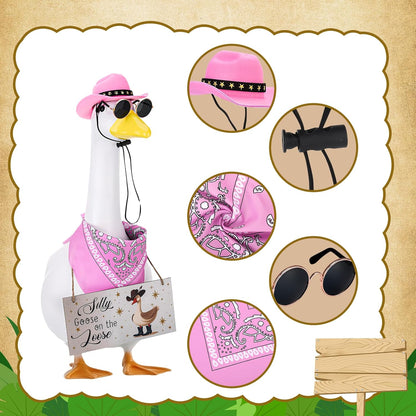 Western Cowboy Porch Goose Outfits, Lawn Cement Plastic Goose, Silly Goose on The Loose Wood Cowboy Hat Bandana Glasses (Pink)