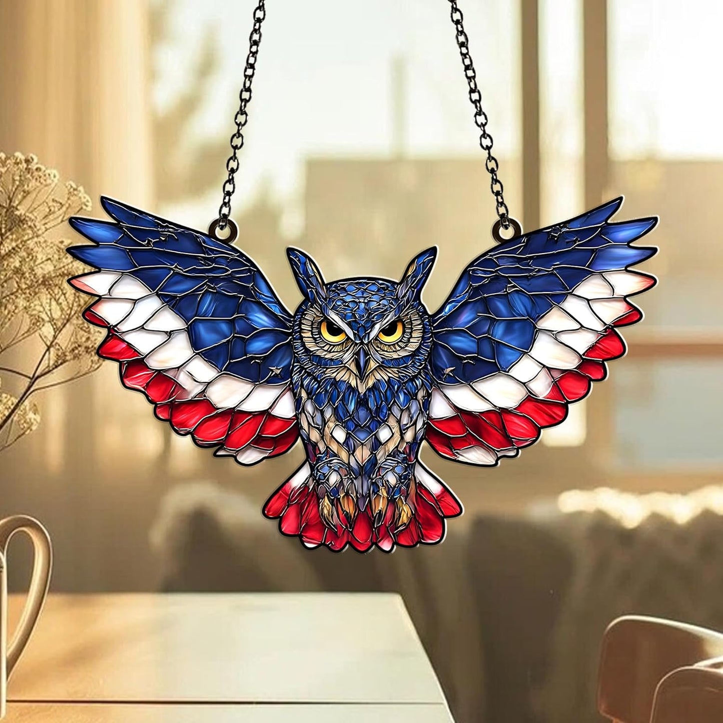 American Flag Owl Suncatcher – Acrylic Suncatcher Window Hanging – Patriotic Owl Decor for Home, Garden, Office – 4th of July Gifts – Bird Ornament for USA Lovers, Veterans, Nature Fans (Sun-47)