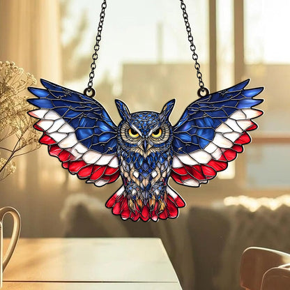 American Flag Owl Suncatcher – Acrylic Suncatcher Window Hanging – Patriotic Owl Decor for Home, Garden, Office – 4th of July Gifts – Bird Ornament for USA Lovers, Veterans, Nature Fans (Sun-47)