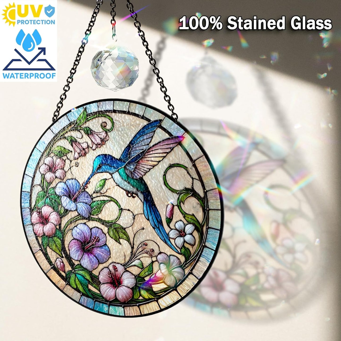 7.8" Hummingbird and Flowers Stained Glass Suncatcher, Art Glass Birds and Flowers for Sun Catcher Indoor Window Floral Gifts for Women Mom Nana Nature Lovers Friend Painted Panel Décor BIRD-64B-SG8