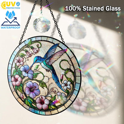 7.8" Hummingbird and Flowers Stained Glass Suncatcher, Art Glass Birds and Flowers for Sun Catcher Indoor Window Floral Gifts for Women Mom Nana Nature Lovers Friend Painted Panel Décor BIRD-64B-SG8